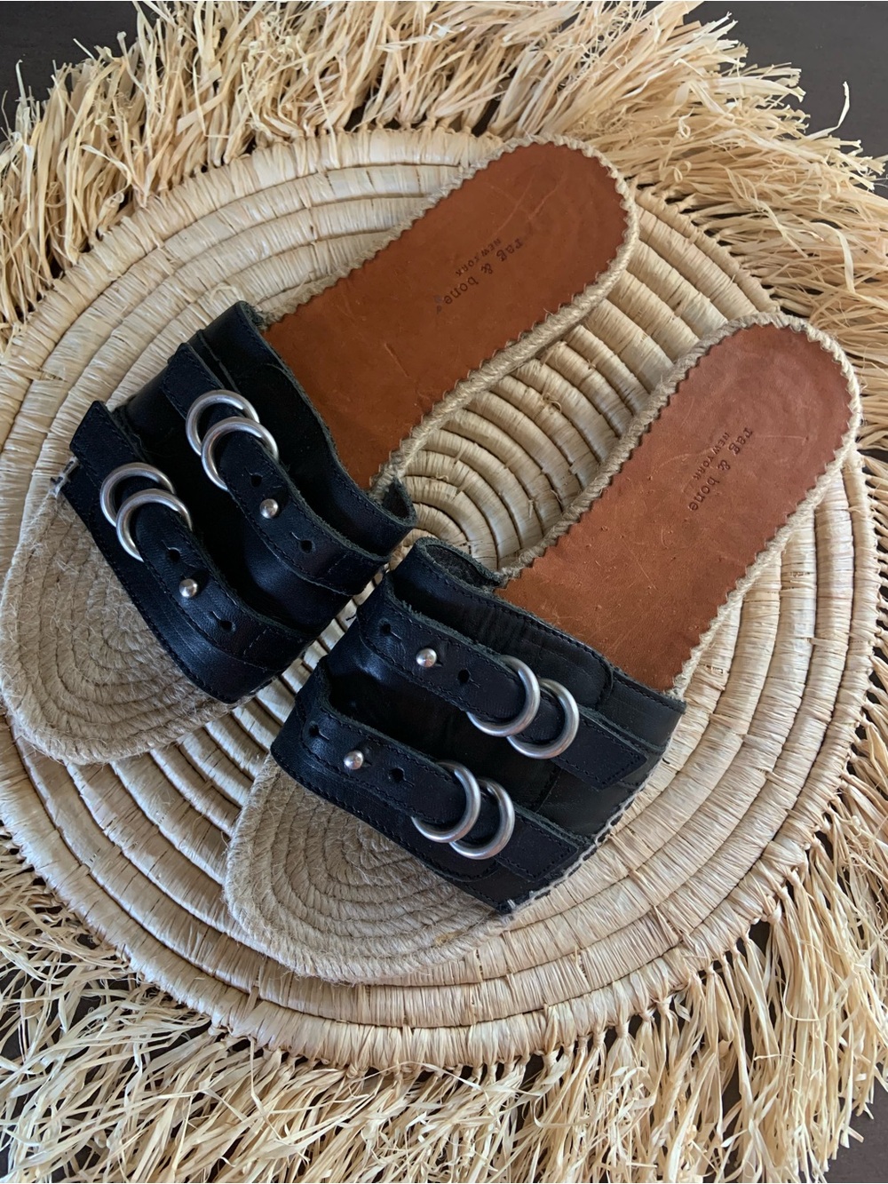 RAG & BONE Women’s Jules Espadrille Black Leather Slide Sandals 37.5 7.5